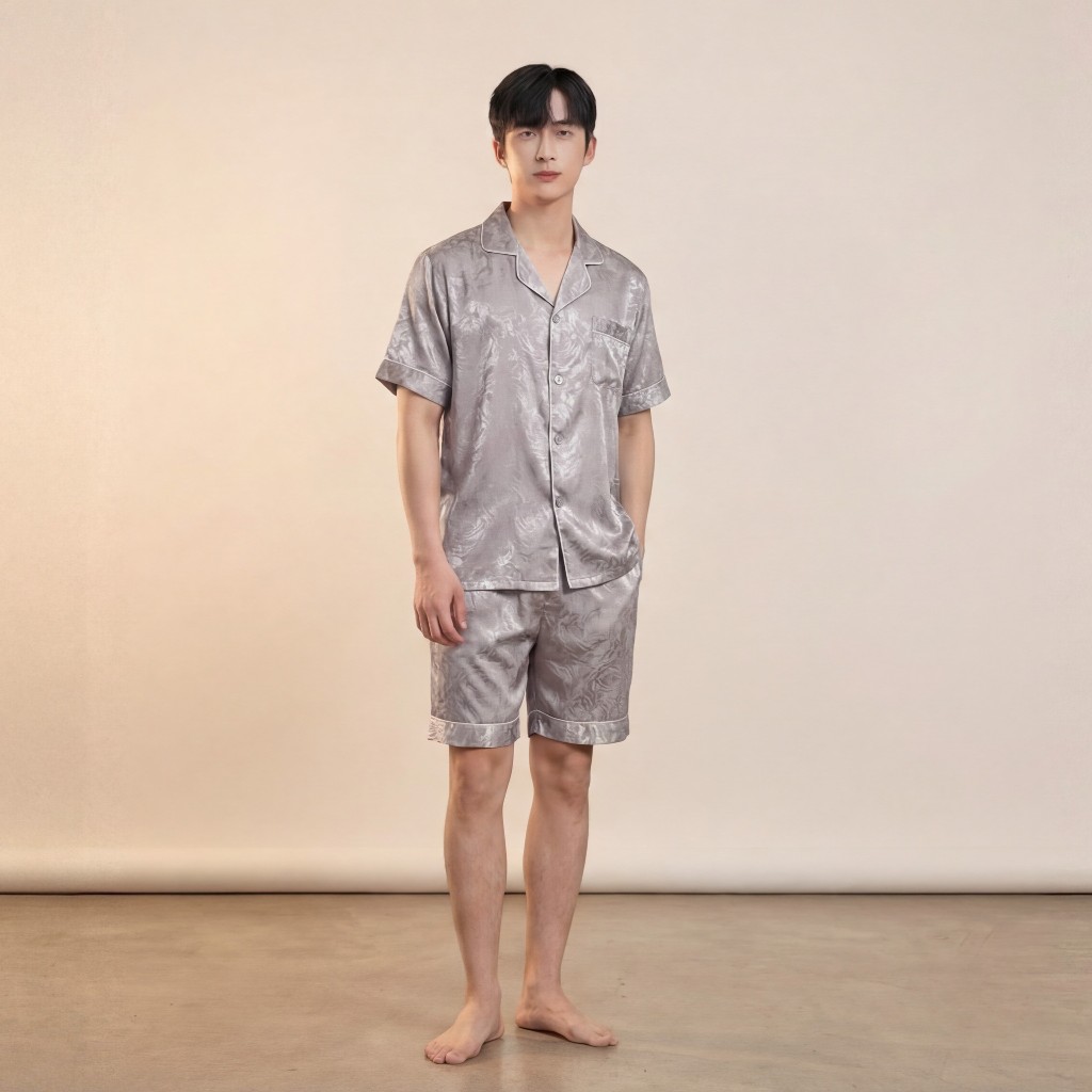 Pyjama nam cộc tay, pijama chất liệu lụa gấm họa tiết màu xám sang chảnh, mềm mại THE1997
