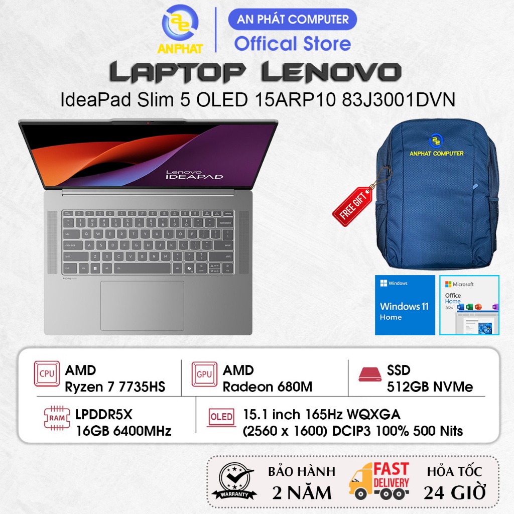 Laptop Lenovo IdeaPad Slim 5 OLED 15ARP10 83J3001DVN, Ryzen 7 7735HS, 16GB RAM, 512GB SSD, 15.1 2K O
