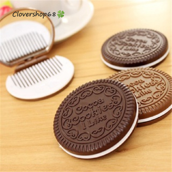 🍀(Set) Gương Trang Điểm Bánh Quy - Gương Trang Điểm Cầm Tay Kèm Lược Hình Bánh Cookies 🍀Clovershop68🍀