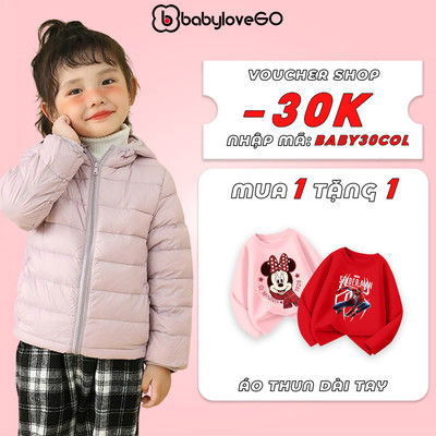 Áo khoác phao cho bé BabyloveGO, áo phao chần bông cho bé gái siêu ấm, siêu nhẹ, siêu gọn, giữ nhiệt mùa đông, có mũ