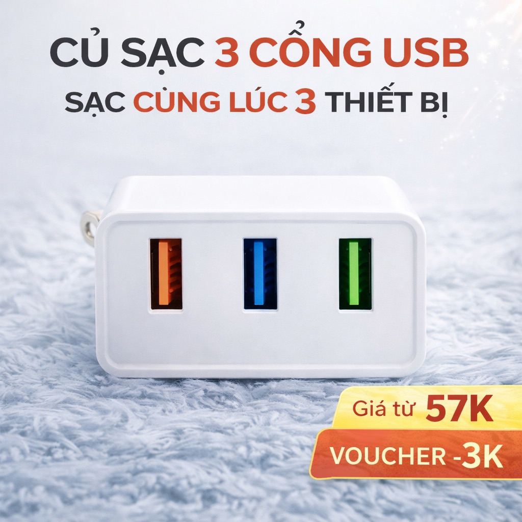 Củ Sạc 3 Cổng USB – Sạc Cùng Lúc Nhiều Thiết Bị – Giá tốt