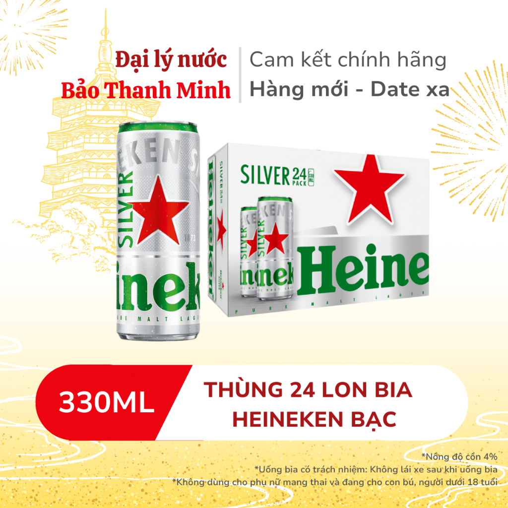 [MẪU THƯỜNG] [HOẢ TỐC] Bia HEINEKEN Bạc 330ml - Nồng độ cồn 4% (Thùnd 24 lon) (Date xa)