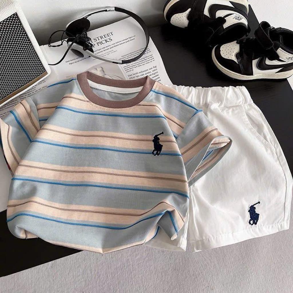 Set đồ bé trai Hàn Quốc siêu xinh – áo sọc thun cotton phối quần trắng mềm mát, mặc hè cho bé trai từ 8-25kg