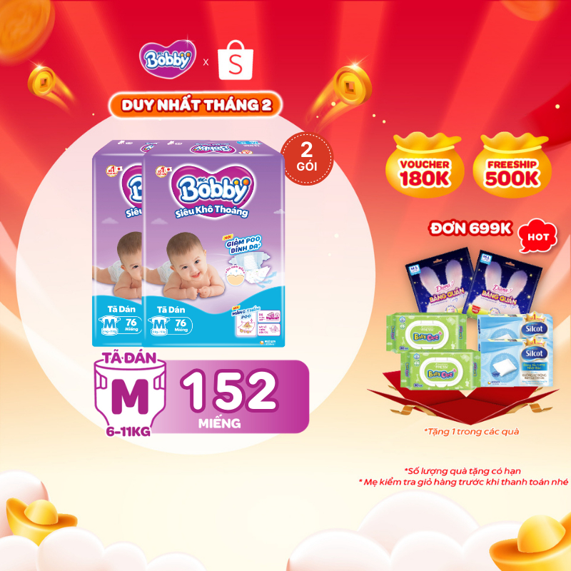 Combo 2 tã dán Bobby S80/M76/L68/XL62/XXL56 mới- Lõi nén cotton-soft 3mm