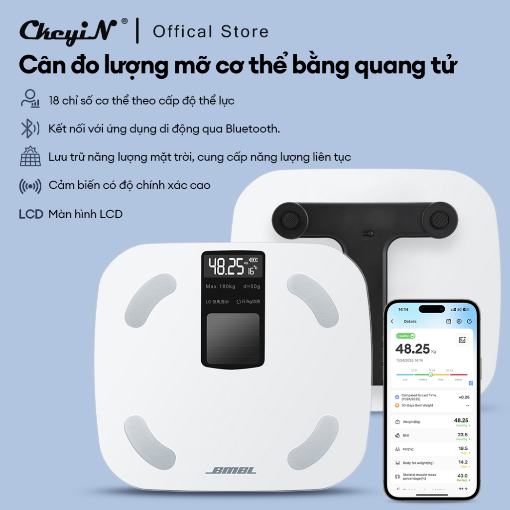 CkeyiN Cân body fat thông minh đo 18 chỉ số cơ thể Màn hình LCD Kết Nối Bluetooth APP GE006W