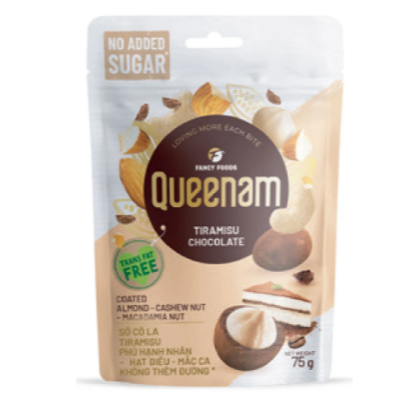 Socola Tiramisu hạnh nhân hạt điều mắc ca không đường Queenam 75g