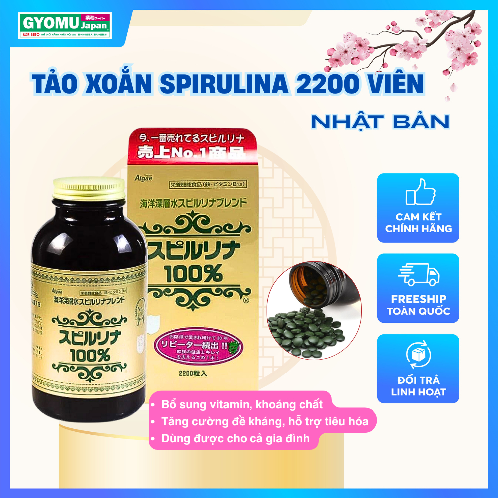 Viên Tảo Xoắn Tem Đỏ Spirulina Nhật Bản Hộp 2200 viên JAPAN ALGAE - Gyomu Japan