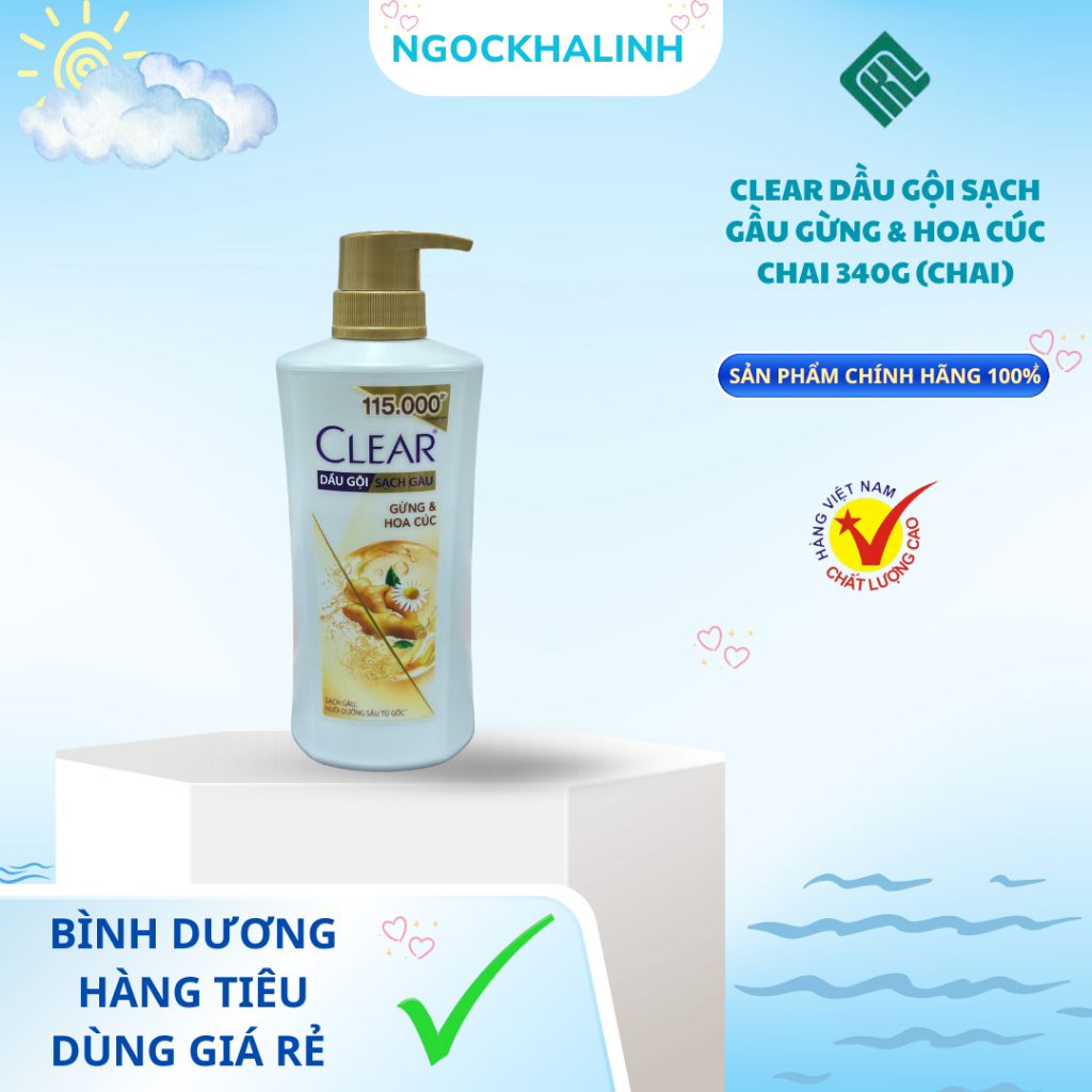 Clear Dầu gội sạch gầu gừng & hoa cúc chai 340g