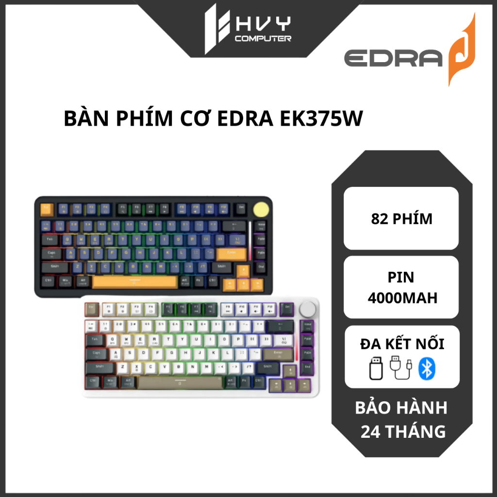 Bàn phím cơ EDRA EK375W - 3-modes, RGB, Hotswap, PBT Double-shot, Pin 4000mAh - Hàng chính hãng
