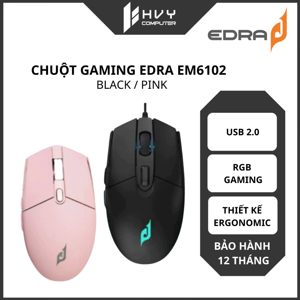 Chuột Gaming EDRA EM6102 (Đen/ Hồng)- Độ nhạy 3200 DPI, Thiết kế ôm tay - Hàng Chính Hãng