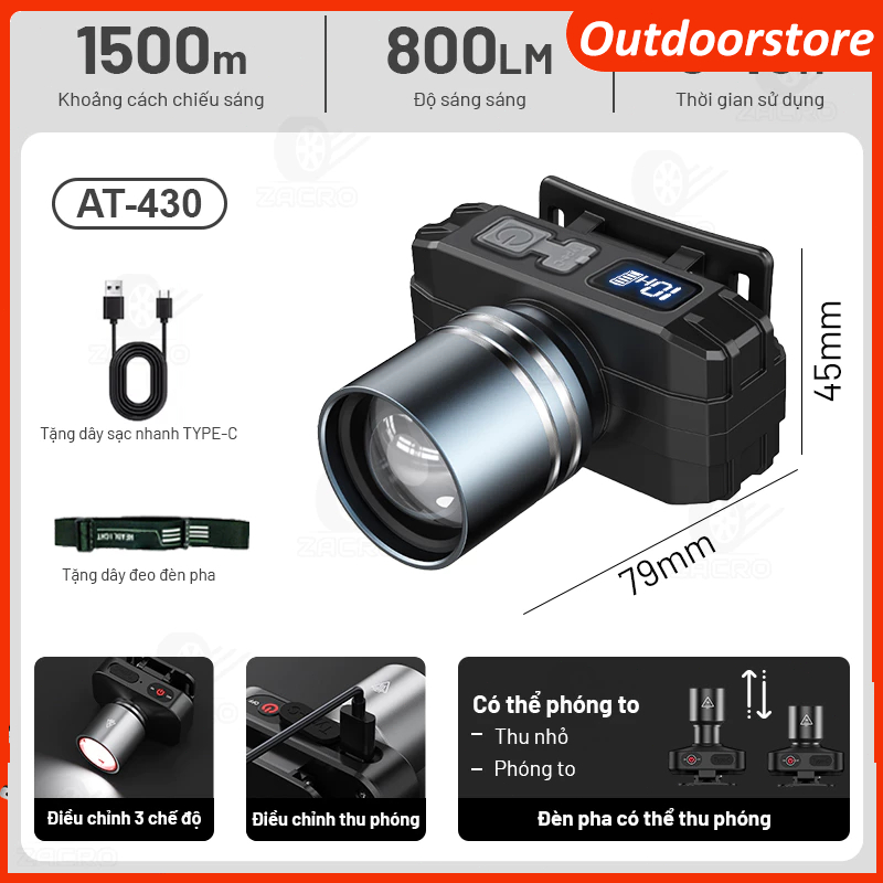 Đèn pin đội đầu zoom xa chống nước IPX5 Đèn đội đầu đi phượt 1000 lumen Hai pin lithium 4000mAh + Sạc USB