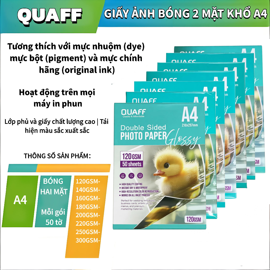 QUAFF GIẤY ẢNH BÓNGSÁNG HAI MẶTKHỔ A4Tương thích mọi máy in phunLớp phủchất lượng cao (Mỗi gói 50tờ)