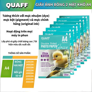 QUAFF GIẤY ẢNH BÓNGSÁNG HAI MẶTKHỔ A4Tương thích mọi máy in phunLớp phủchất lượng cao (Mỗi gói 50tờ)