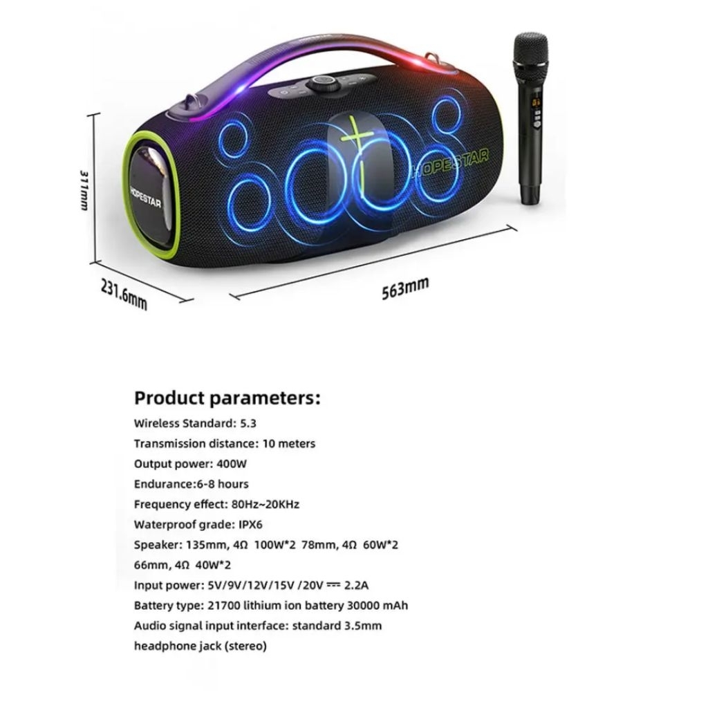 Loa Bluetooth không dây HOPESTAR A85 công suất lớn 400W, loa siêu trầm di động, chống nước, có micro