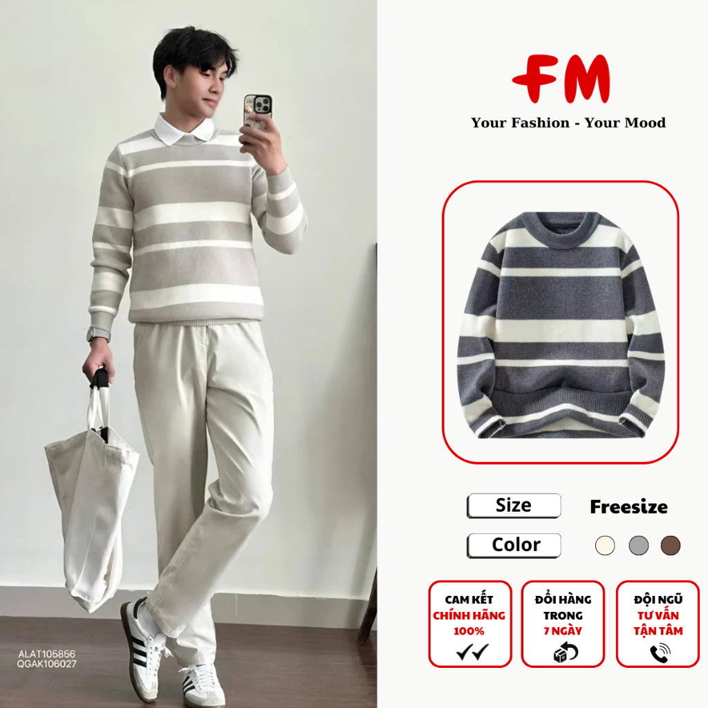 Áo Len Nam FMSTYLE Dài Tay Sọc Ngang - Áo Len Thu Đông Cổ Tròn Form Rộng Hàn Quốc Dày Dặn 25121567