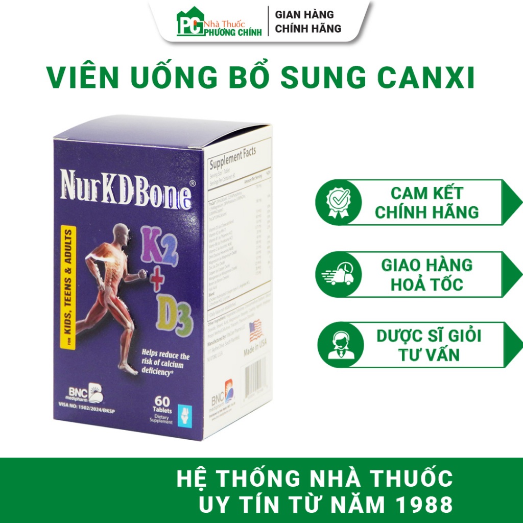 Canxi BNC Medipharm NurKDBone - Bổ Sung Canxi, Vitamin D, Hỗ Trợ Xương Răng Chắc Khoẻ 60 Viên/Hộp