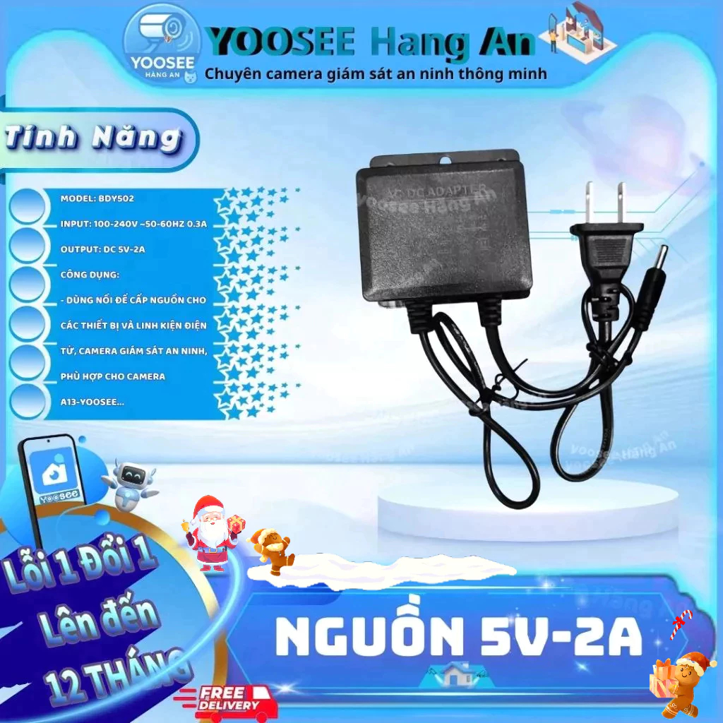 Nguồn DC 5V.2A (Chân Kim) Adapter dùng cho Camera giám sát an ninh thông minh A13-YOOSEE-Cục dây ngu