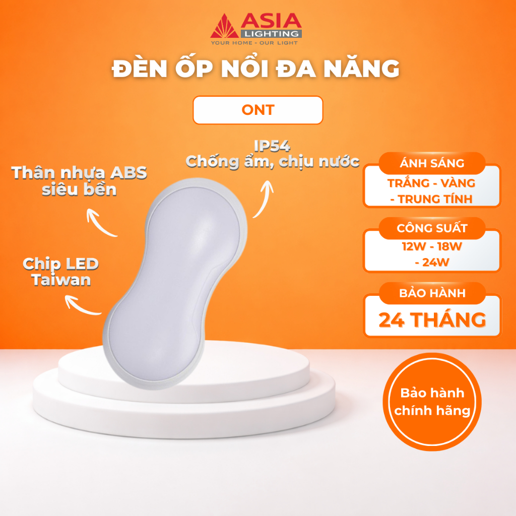 Đèn Ốp Nổi Đa Năng Asia Lighting 12W/18W/24W Vỏ Nhựa ABS Trắng - Ánh Sáng Trắng/Vàng/Trung Tính
