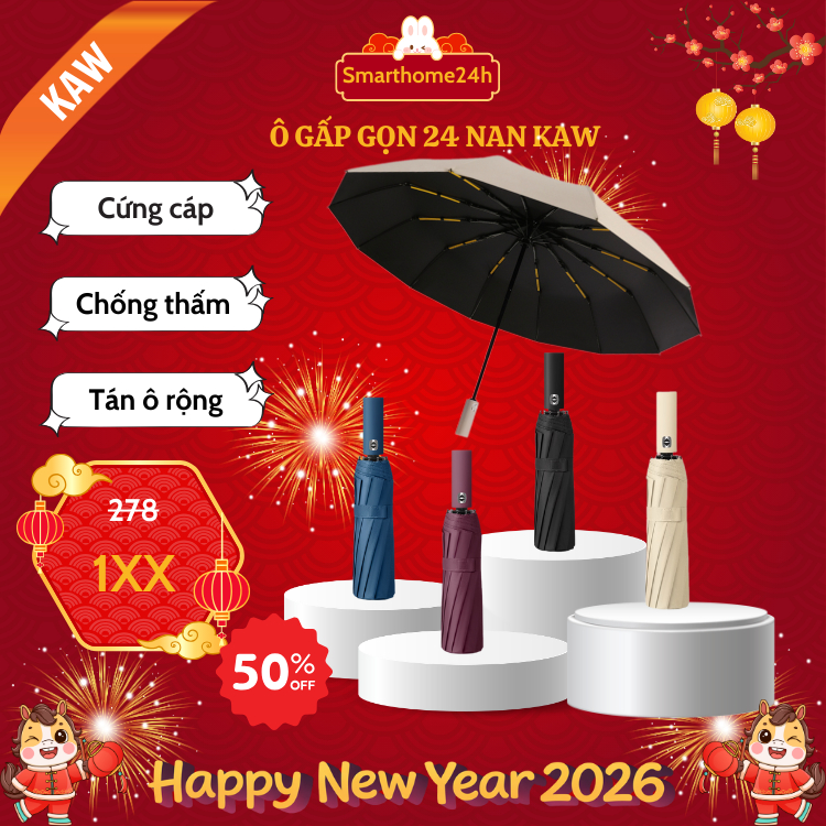 Ô che mưa KAW 24 nan gấp gọn chắc chắn,chịu gió bão tốt chống thấm nước chống tia UV tán rộng