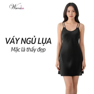 Đầm ngủ WANNABE váy ngủ lụa dây vai đôi cổ vuông đơn giãn dễ mặc chăm sóc làn da giấc ngủ DNS70