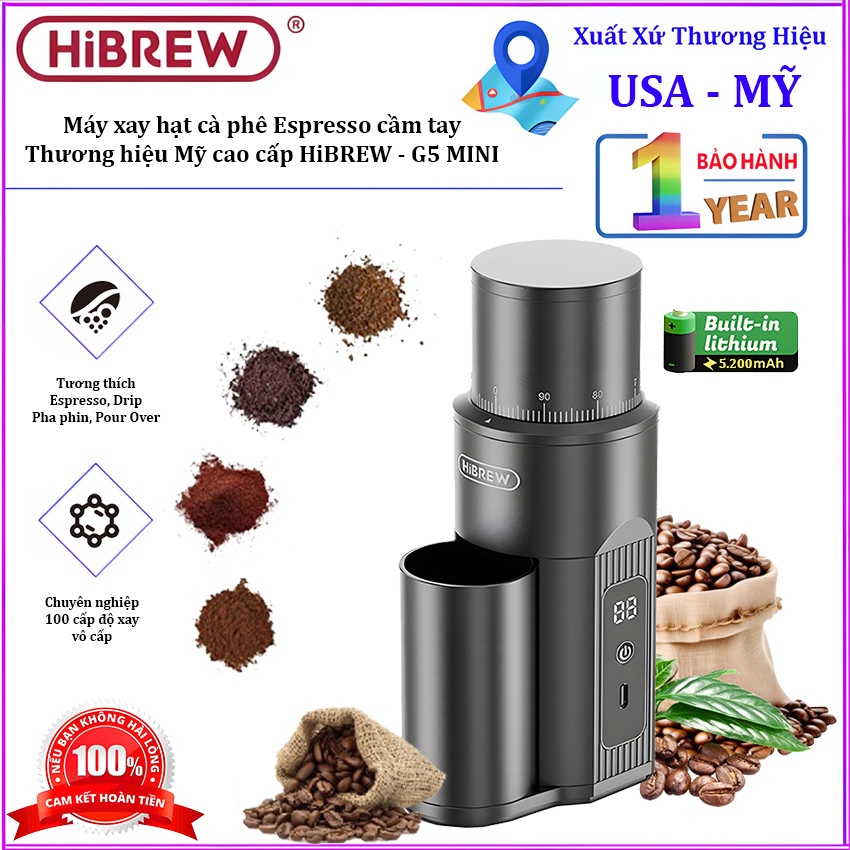 Máy xay hạt cà phê Espresso cầm tay, dùng pin. Thương hiệu Mỹ cao cấp HiBREW - G5 MINI