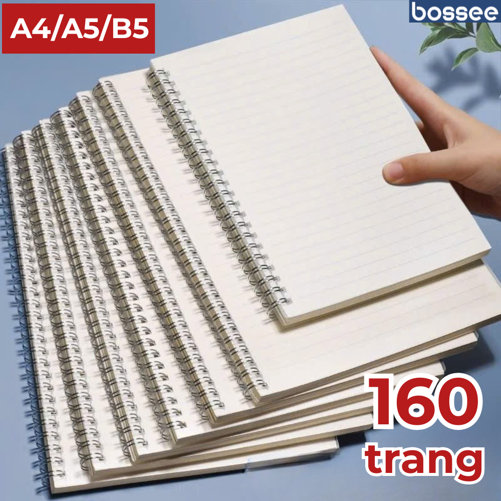 Sổ lò xo PP Bossee 160 Trang B5/A5/A4, Giấy Không Kẻ/Kẻ Ô Vuông/Kẻ Ngang