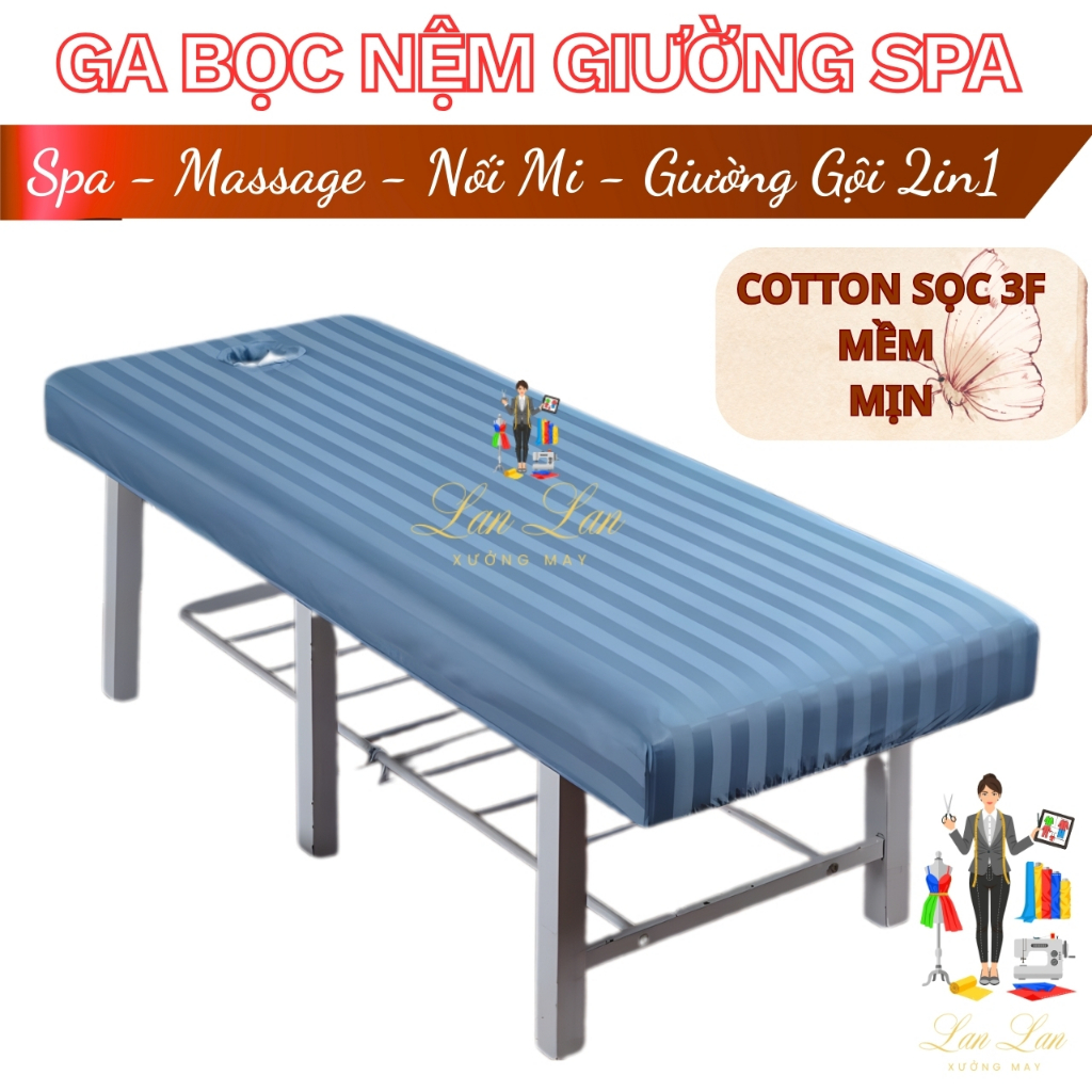 GA BỌC NỆM -Ga Giường Spa -Ga Giường Gội Đầu 2in1-Ga Giường Spa Có Lỗ  - COTTON SỌC 3F