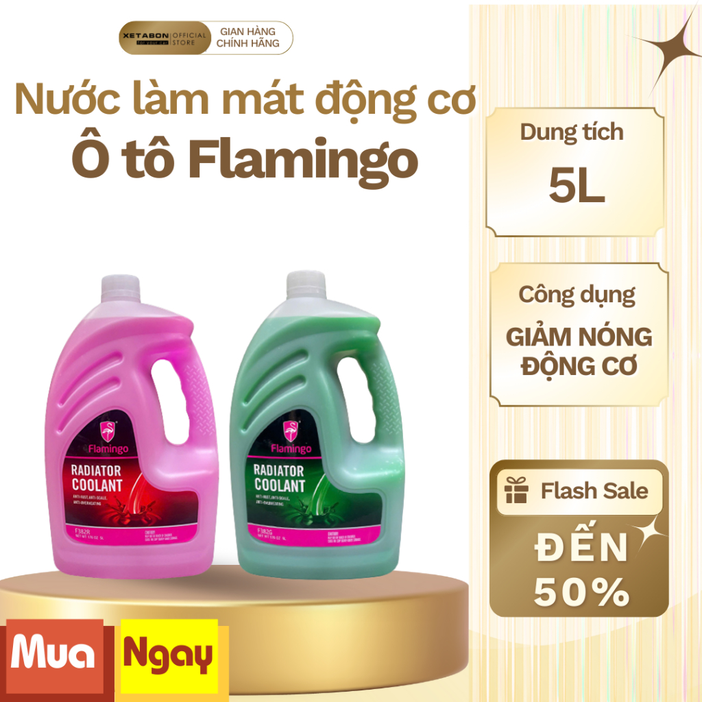 Nước làm mát động cơ ô tô, xe hơi chuyên dụng màu Xanh/Đỏ Flamingo 5 lít- Giảm nóng động cơ- Hàng chính hãng
