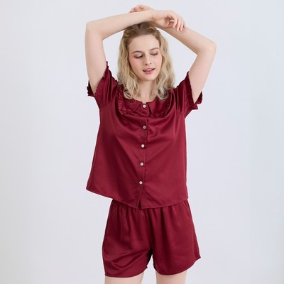 BSS01W5S03-BỘ SHORT SATIN VỚI THIẾT KẾ CỔ SEN PHỐI BÈO NHẸ NHÀNG, THOẢI MÁI SẮC ĐỎ RẠNG RỠ DIỆN TẾT CỰC XINH