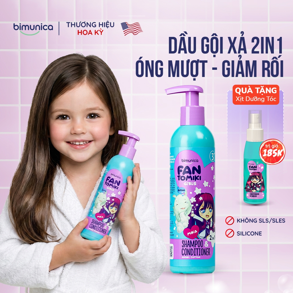 Dầu Gội Xả 2In1 Bimunica Fantomiki 250ml - Cho Bé Gái Từ 3 Tuổi, Không Cay Mắt, Làm Sạch/Mềm Tóc