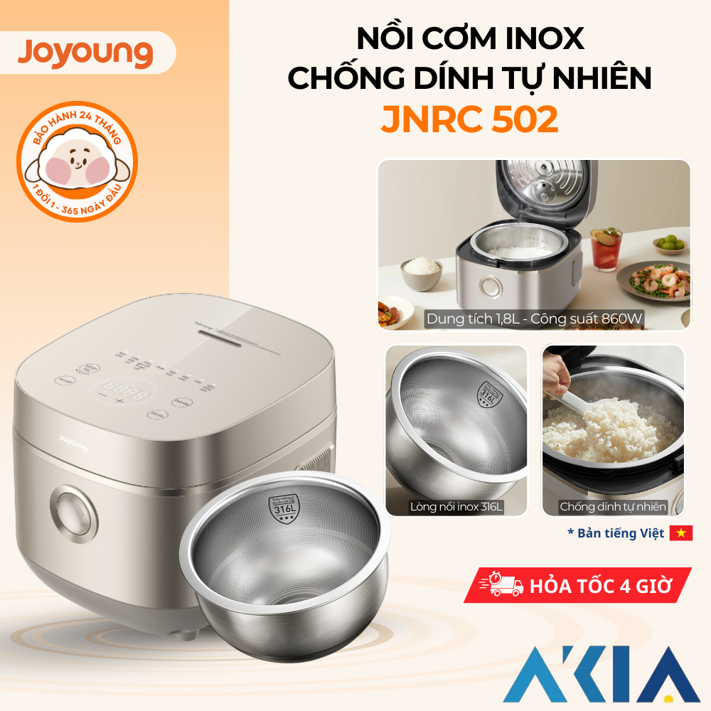 Nồi cơm inox 1.8L Joyoung JNRC-502 , Chống dính tự nhiên, Công suất 860W, Bản tiếng Việt, BH 24 thán