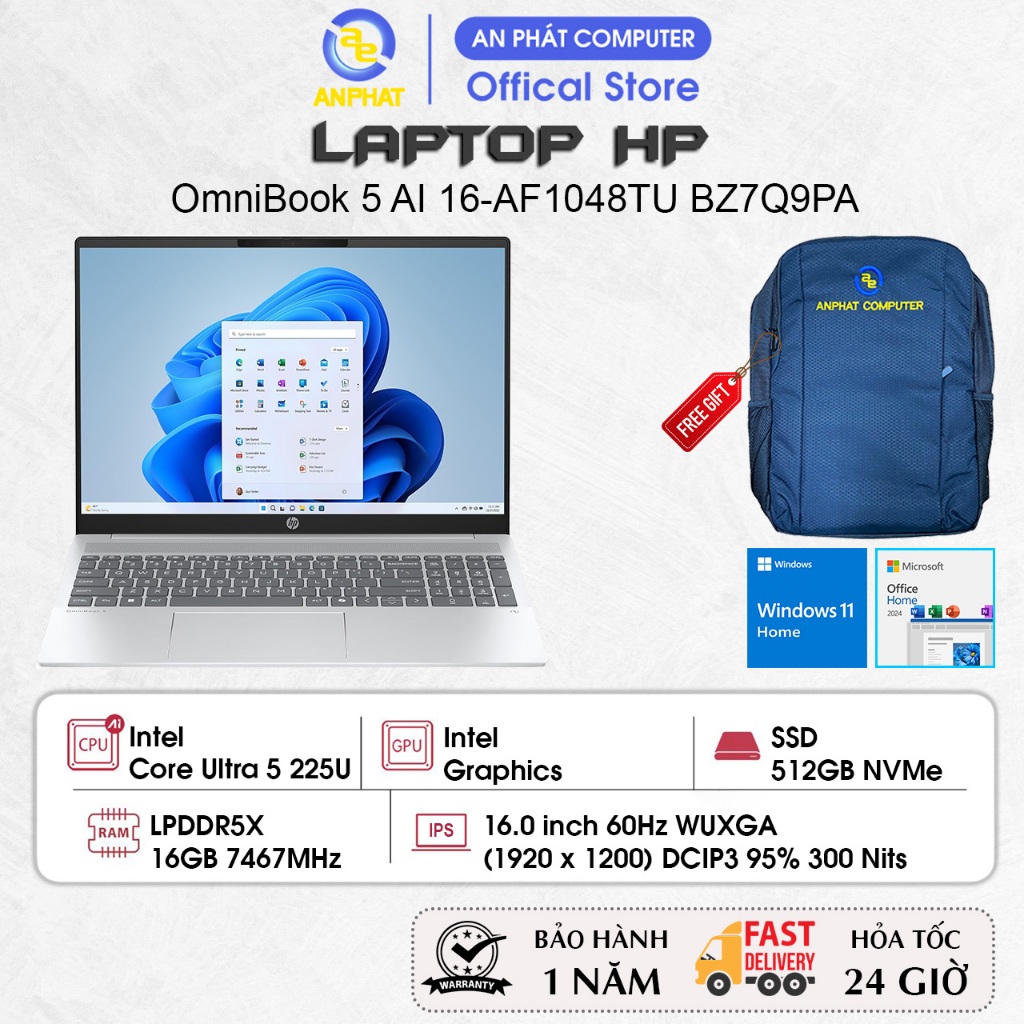 Laptop HP OmniBook 5 AI 16-AF1048TU BZ7Q9PA, Core Ultra 5 225U, 16GB RAM, 512GB SSD, 16.0 FHD+, Win1