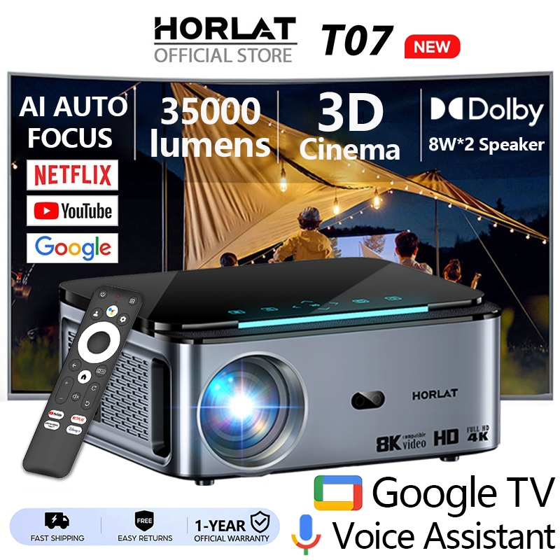 Horlat T07 8K máy chiếu phòng ngủ Độ sáng cao 35000LM Hỗ trợ netflix 1080P Projector Google TV Loa Dolby 8W*2