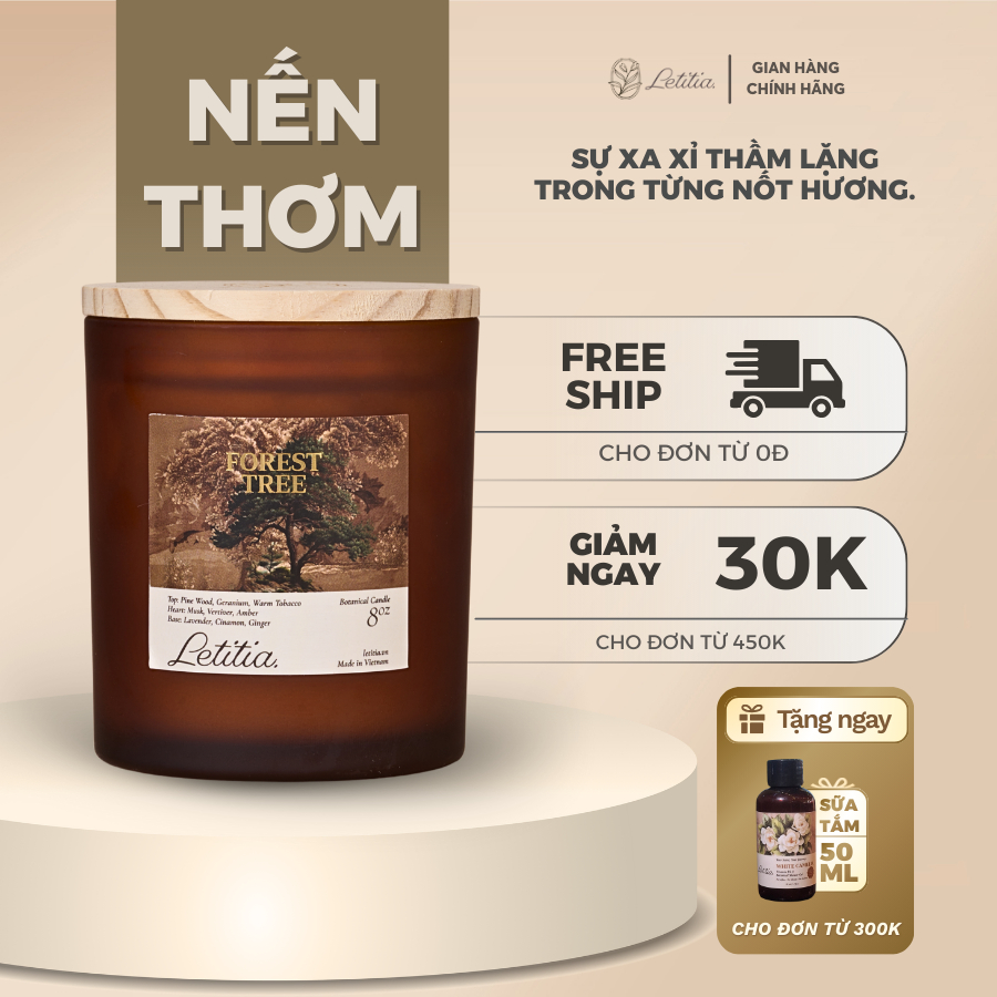 Nến Thơm Letitia Cao Cấp Thiên Nhiên Forest Tree - Hương Gỗ Thông, Xạ Hương 3 Size 130gr/220gr/300g