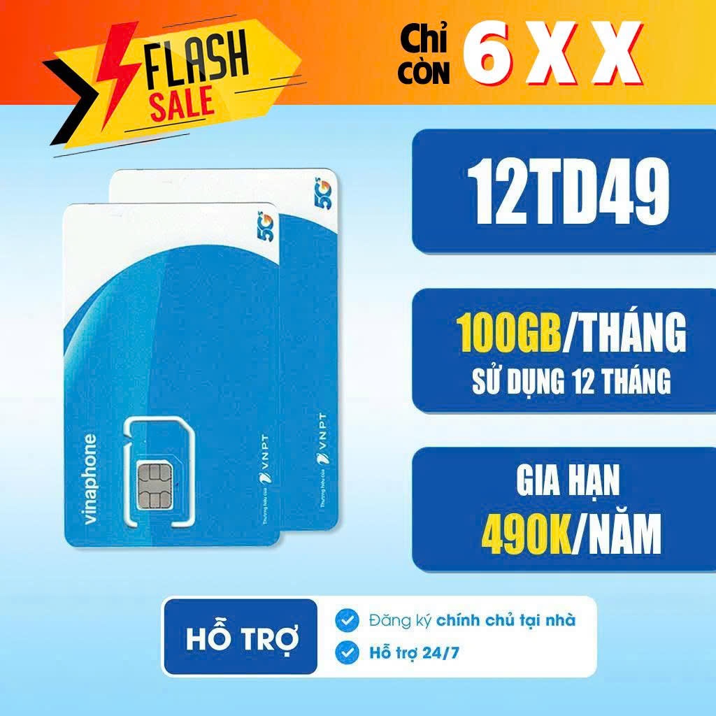 3.3 flash sale Sim Vinaphone 5G 12TD49, có 100GB/tháng tốc độ cao trong vòng 12 tháng - Tạp hóa sim.
