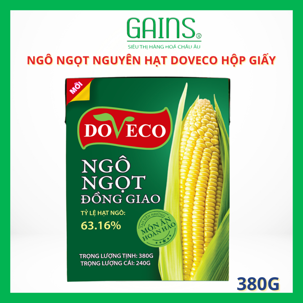 Ngô Ngọt Nguyên Hạt Đồng Giao DOVECO Hộp giấy 380g (Đóng Hộp, Hạt Giòn Ngọt Tự Nhiên)