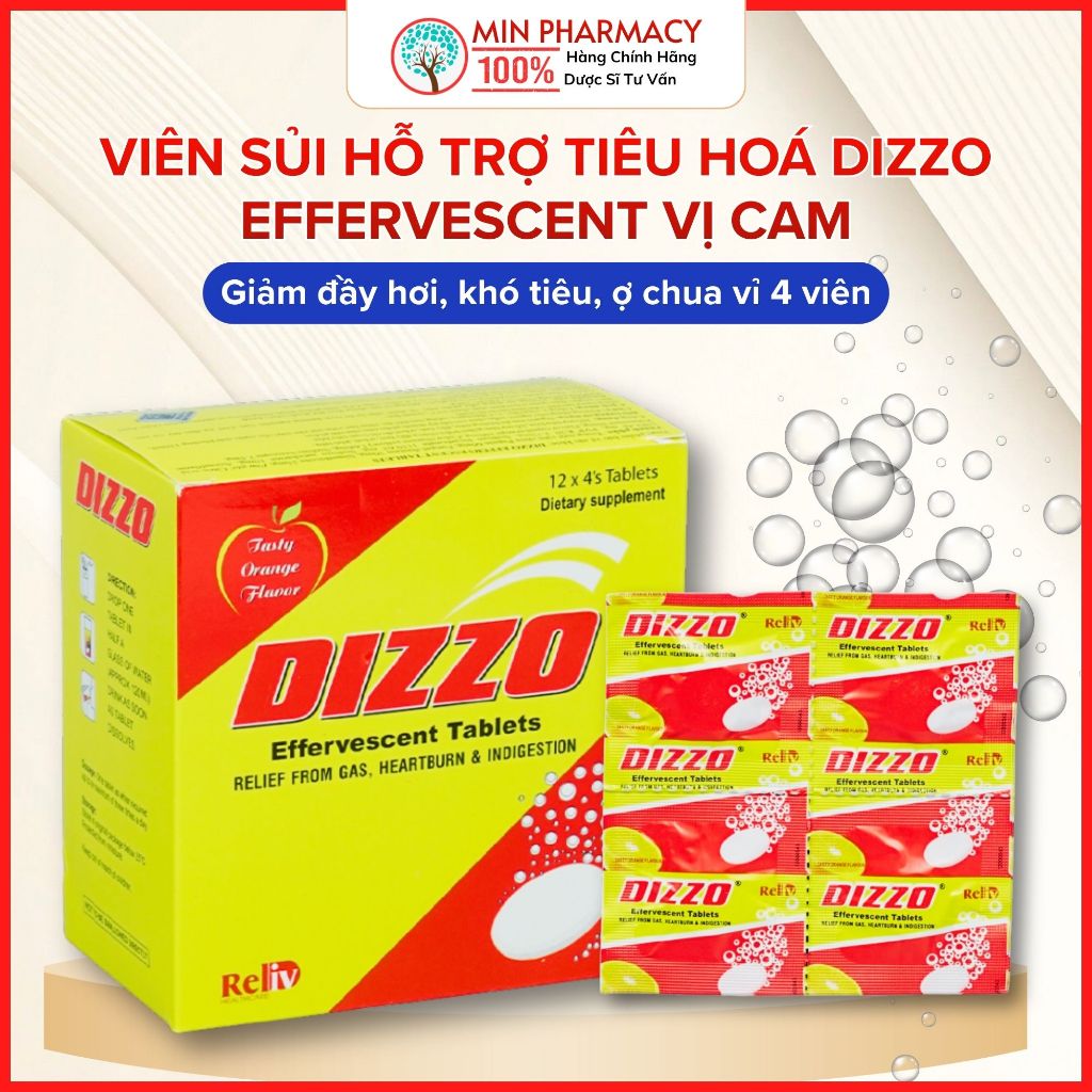 Viên Sủi Làm Hỗ trợ tiêu hoá Giảm đầy hơi, khó tiêu, ợ chua DIZZO Effervescent Vị Cam - Minpharmacy