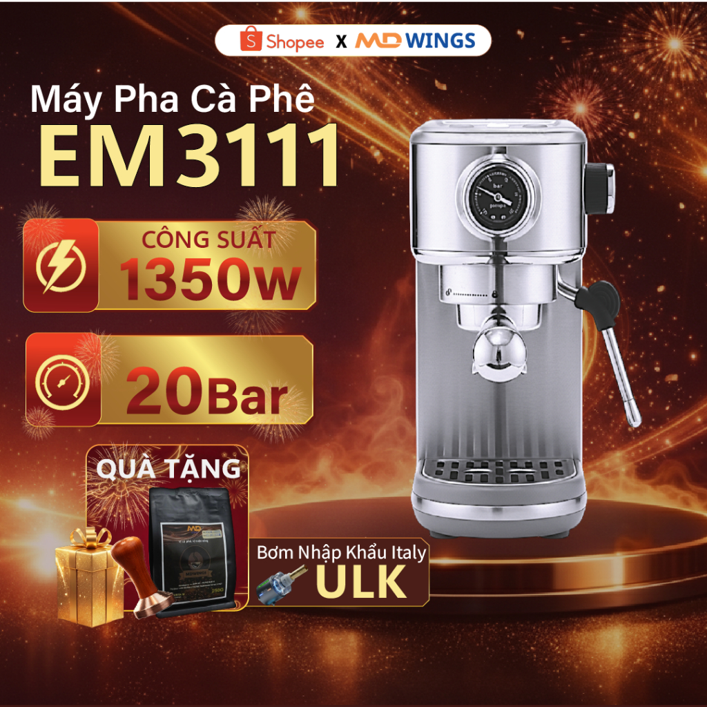 Máy Pha Cà Phê Espresso MDWINGS EM3111 inox chắc chắn, dùng cho gia đình - BH 12 tháng