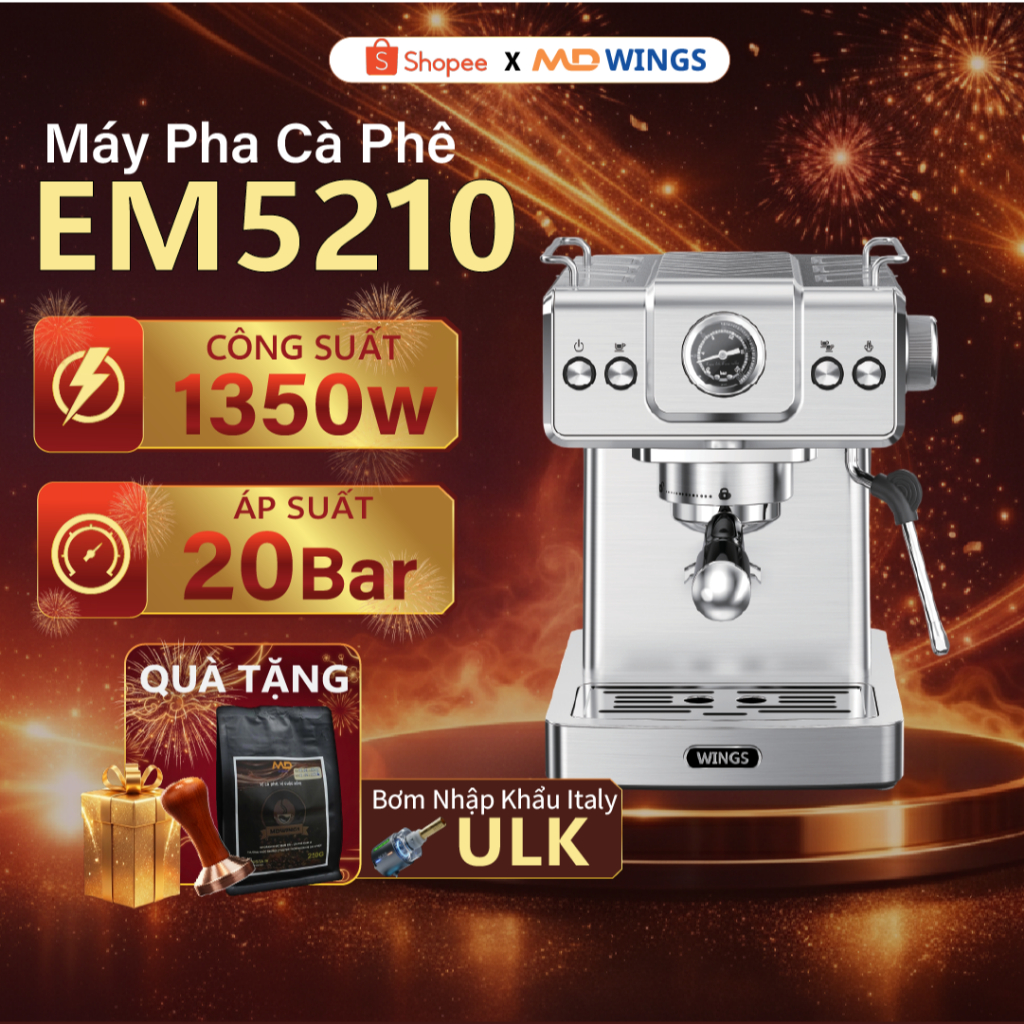 Máy pha cà phê Espresso MDWINGS EM5210 Tay cầm 51mm, Áp lực 20 bar, công suất 1350W, dung tích 1,8 lít