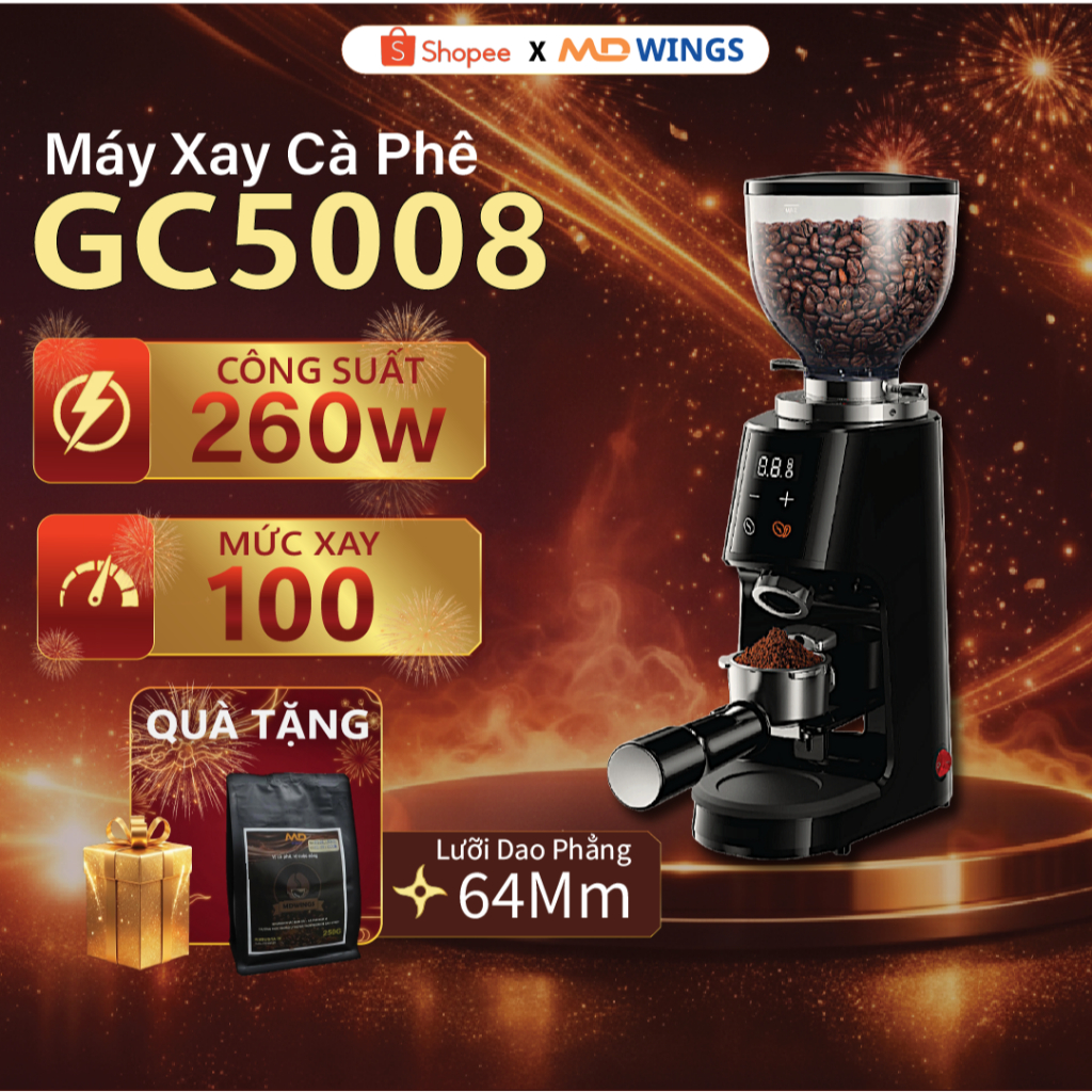 Máy xay cà phê chuyên nghiệp dùng cho quán 100-120 ly lưỡi xay phẳng 64mm, 100 cấp độ xay MDWINGS GC5008 công suất 260W