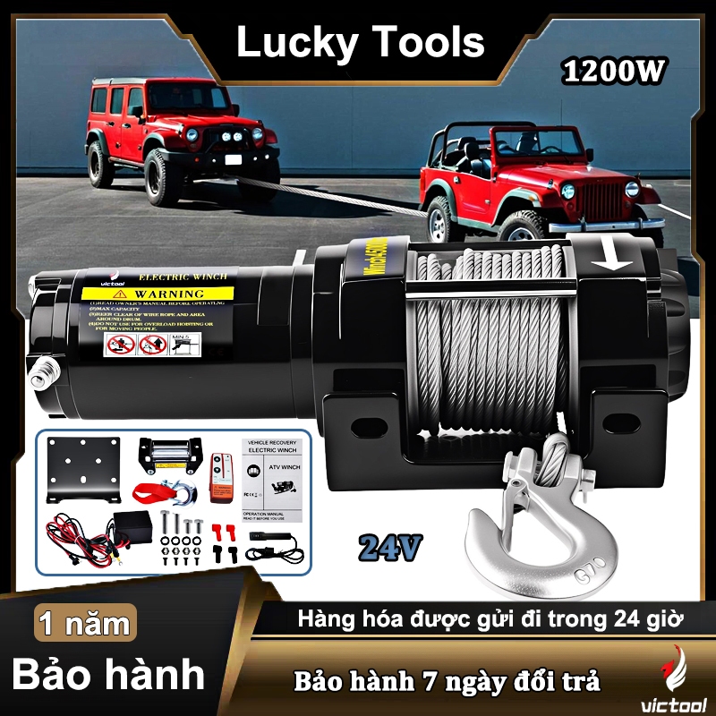 Victool Tời điện 24V 4500LBS,máy tời điện 1200W - lực kéo ngang 1590kg,chống nước IP55