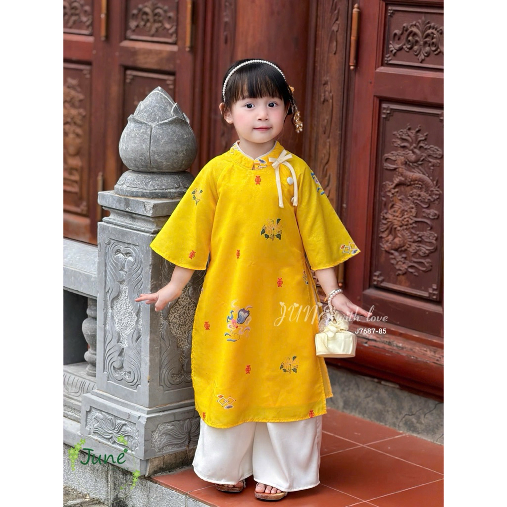 [13-40kg] set áo dài tơ 4 tà JUNE in hoa, tay lỡ cho bé gái. Thiết kế mềm mại, tone vàng nổi bật cho