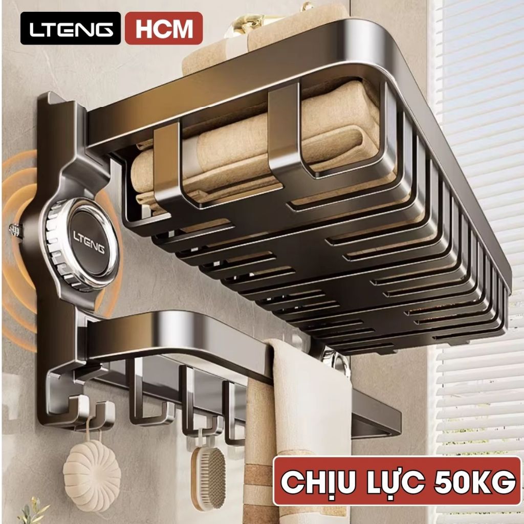 Kệ treo khăn nhà tắm LTENG hút chân không, kèm thanh treo quần áo, chất liệu nhôm hàng không trọn đờ