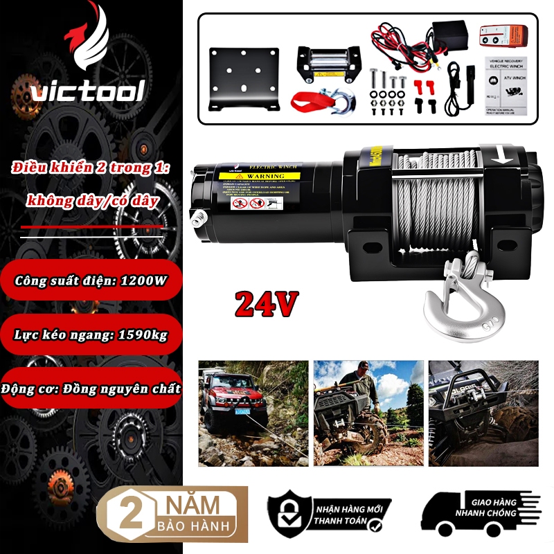 Bộ tời điện 24V 4500LBS,máy tời điện mini 1200W - cáp thép chất lượng cao, hỗ trợ điều khiển từ xa