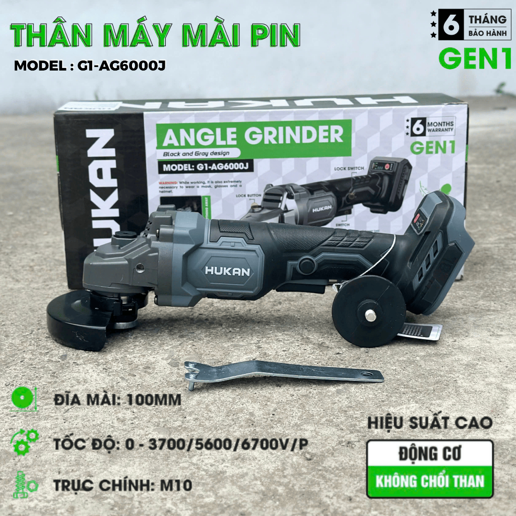 Thân Máy Mài Pin HUKAN G1-AG 6000J / 6000P Gen 1 – Động Cơ Không Chổi Than, Đĩa 100mm, Trục M10 Chín