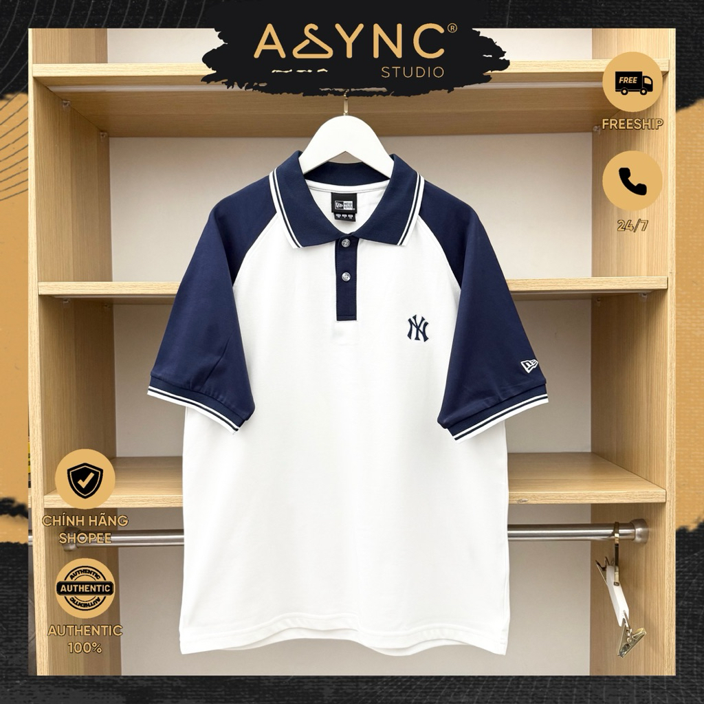 (Auth) Áo Polo New Era x MLB NY New York Trắng Cổ Tay Navy Viền Trắng Trơn Logo Thêu | CODE: 1548893