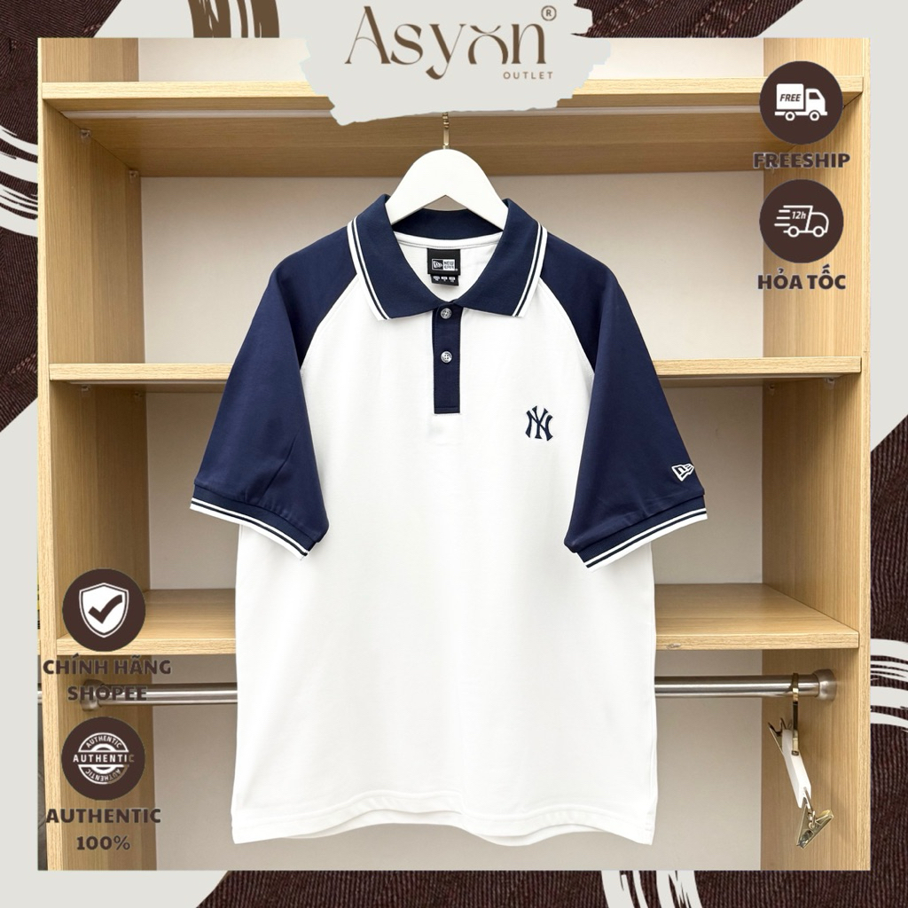 (Auth) Áo Polo New Era x MLB NY New York Trắng Cổ Tay Navy Viền Trắng Trơn Logo Thêu | CODE: 1548893