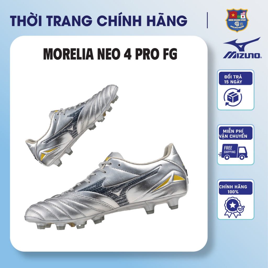 Giày Đá Bóng Mizuno Morelia Neo 4 Pro FG Platinum - Siêu Phẩm Sân Cỏ Tự Nhiên, Da Kangaroo Siêu Mềm,