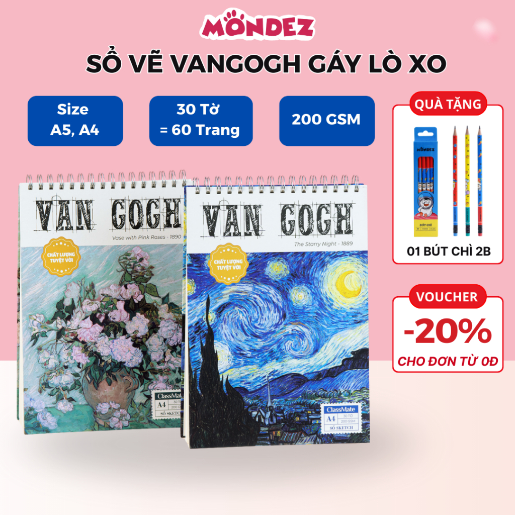 [Tặng Bút Chì] Sổ Vẽ Sketchbook VanGogh A4/A5 60 Trang 200GSM Vở Vẽ Classmate Học Vẽ Mỹ Thuật Nâng C