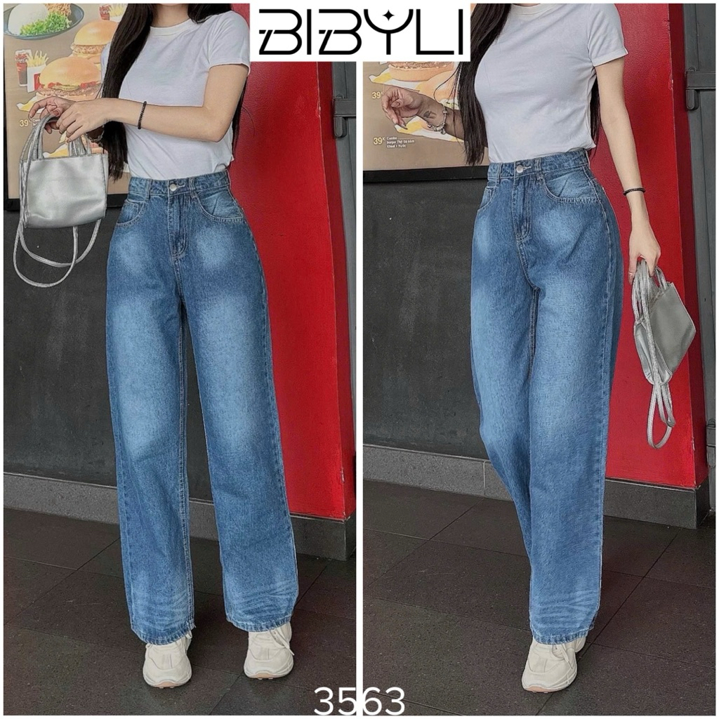 Quần Jean Nữ BIBYLI - Quần Jean Nữ Ống Suông Rộng Màu Đen Trẻ Trung, Cạp Cao Tôn Dáng - 3563